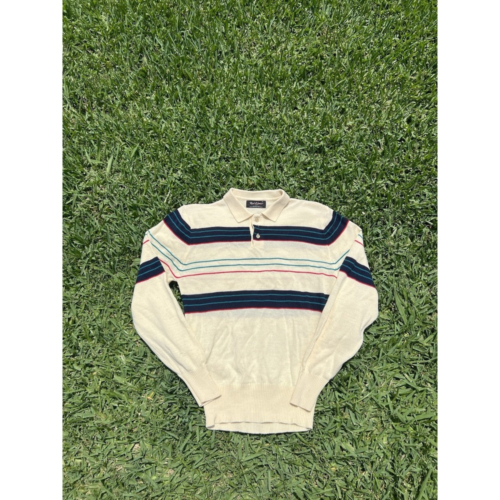 Vintage Reed st James 1970s Men's Small Knit Acrylic Sweater Cream Blue Red